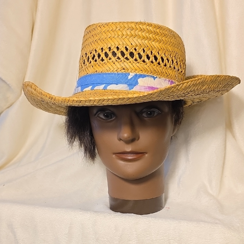 Source Unknown Straw Hat with Blue and Pink Band